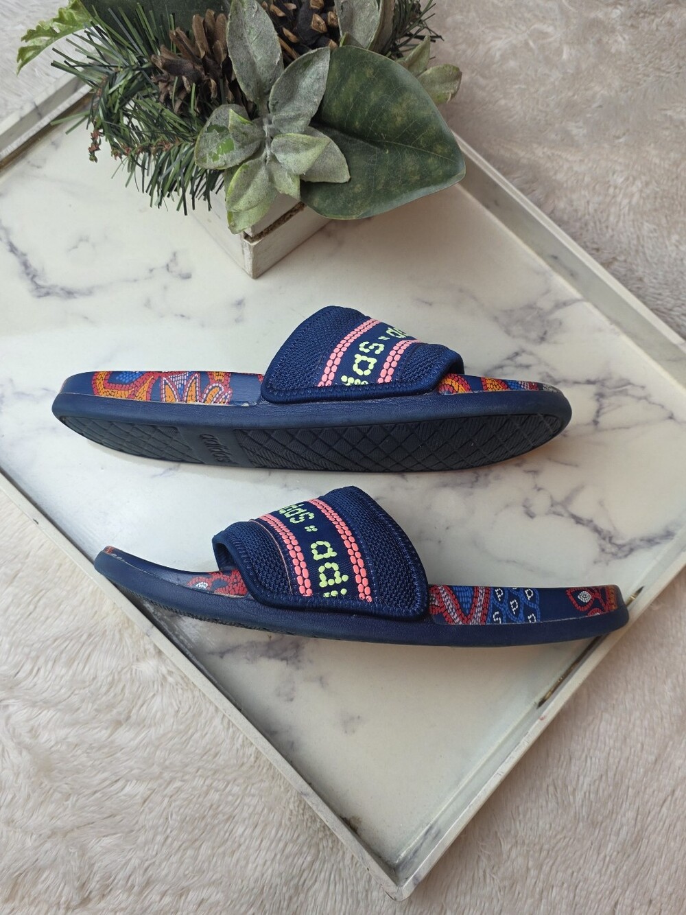 ADIDAS x FARM RIO Adilette Comfort Slide Sandal Mystery Blue/Hi-Res Yellow Sz 10 - Picture 6 of 12